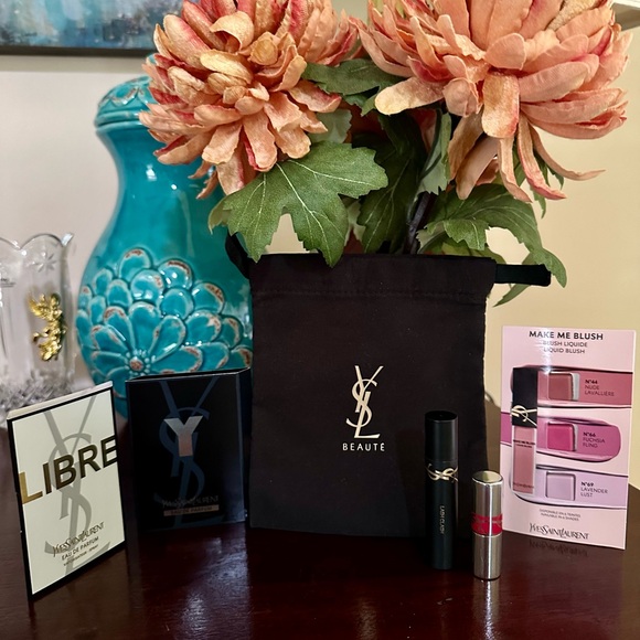 New YSL 6 piece bundle lipstick and mascara minis, blush, EDP samples in pouch - Picture 1 of 12